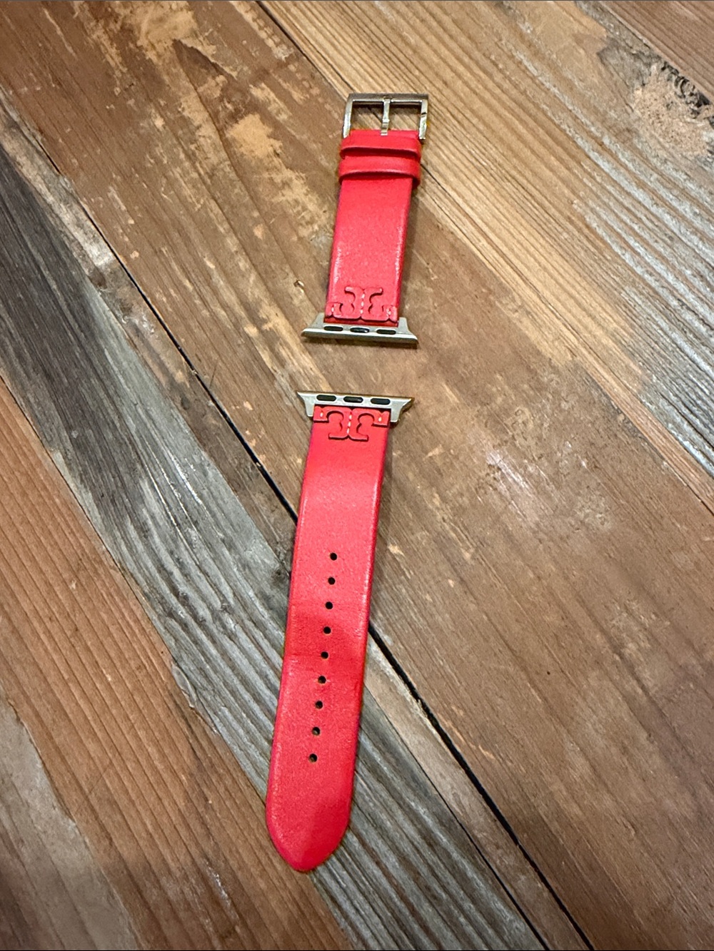Tory Burch Red Leather Apple Watch Band with Logo Hardware